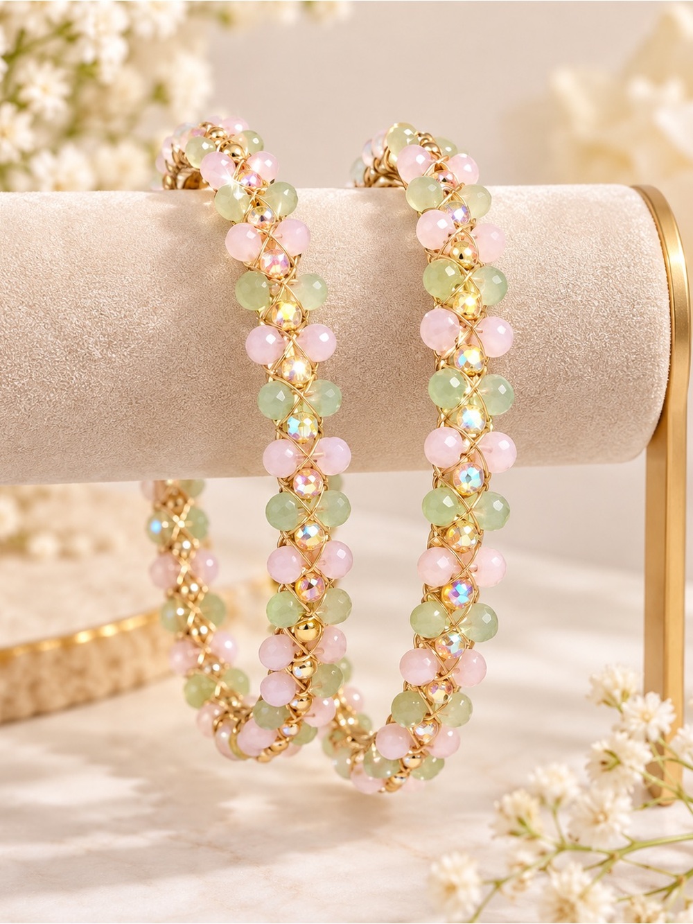 Gold Hoop Earrings with Pink and Pale Green Beads